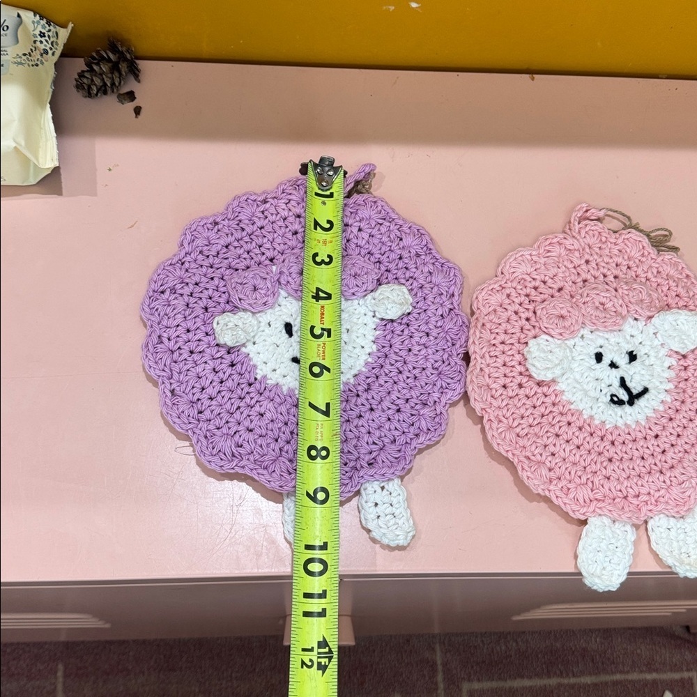 Vintage Hand Crochet Knit Lamb Pink Purple Hot Pads Coasters - Picture 5 of 5